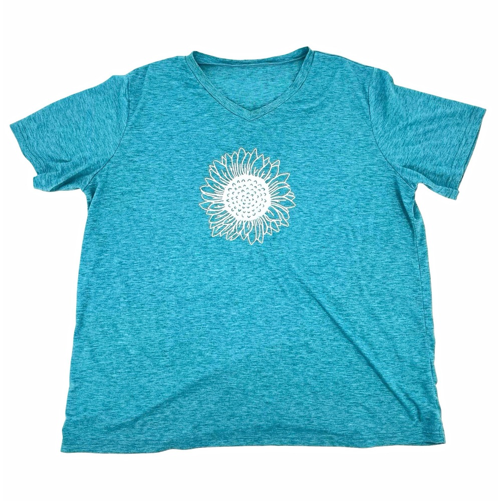 Women 2XL Teal Sunflower Graphic T Shirt V Neck Cottagecore Boho Casual Plus